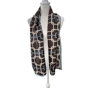 Talbots Silk Long Oblong Scarf Geometric Chain Print Brown Blue 59.5x12 NWT